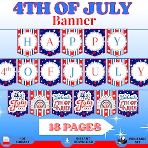 4th of July Banner Printable, Fourth of July Sign, Independence Day Banner, Patriotic Party Decor, Red White Blue Garland, USA Party Decor