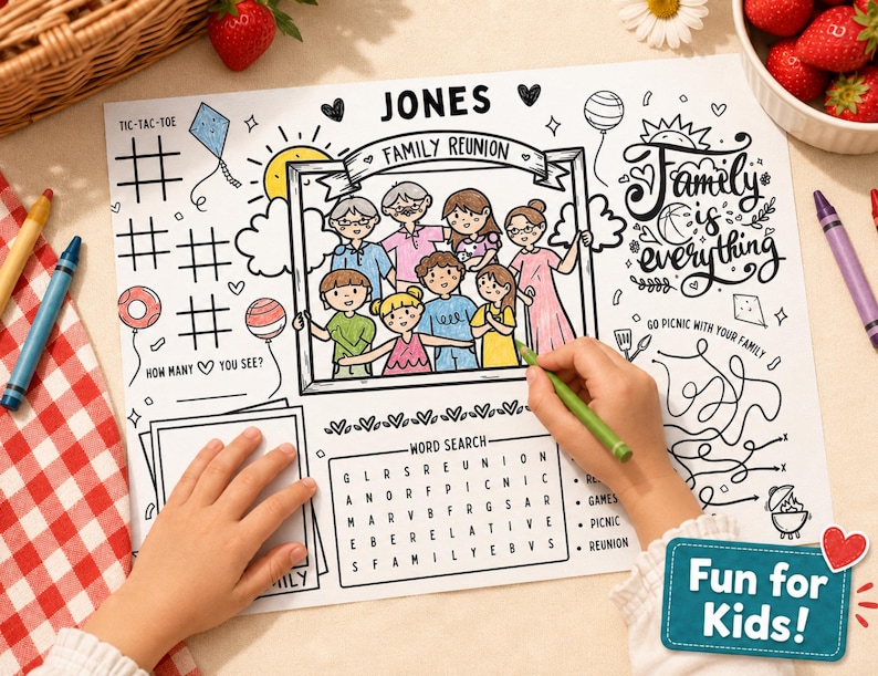 May include: A white activity sheet with black line art for colouring, featuring a central family portrait in a frame labelled Jones Family Reunion, tic-tac-toe grids, a word search, a maze, and the text Family is everything and Fun for Kids.