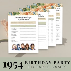 70th Birthday Party Editable Games, 70th Birthday Party Games, Born in 1954, 1954 Him Her Trivia Quiz, 1954 Bingo Game 1954 Games for Adults