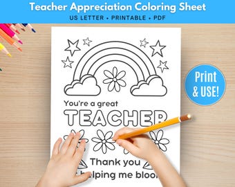 Teacher Appreciation Coloring Page, Teacher Appreciation Week, Thank You Teacher DIY Gift from Students, End of Year Teacher Activity Sheet