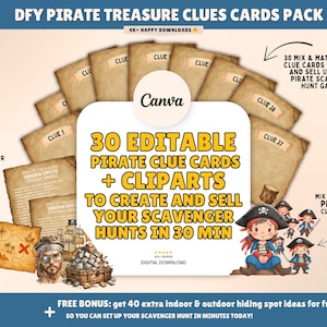 30 Editable Pirate Treasure Hunt Clue Cards, Kids Party Scavenger Hunt Printable Game, Treasure Hunt Printable Clues for Birthday Party