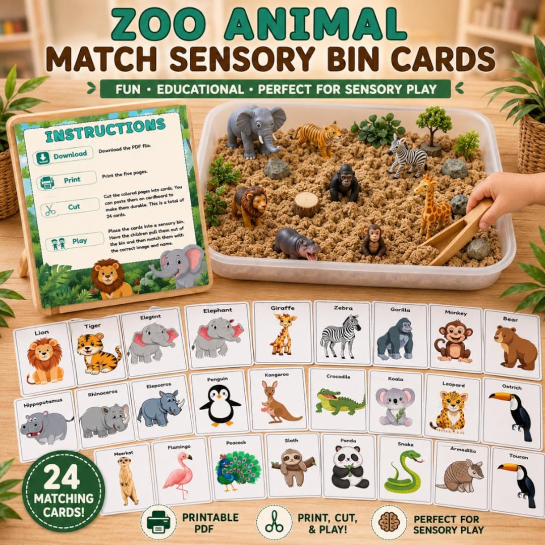 Zoo Animal Match Sensory Bin Cards, Learning Activities, Zoo Sensory ...