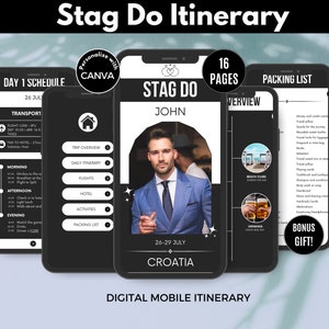 Plantilla Canva de itinerario de despedida de soltero, plan de despedida de soltero, lista de embalaje de itinerario editable personalizado Regalo de fiesta de novio personalizable TABLETA MÓVIL