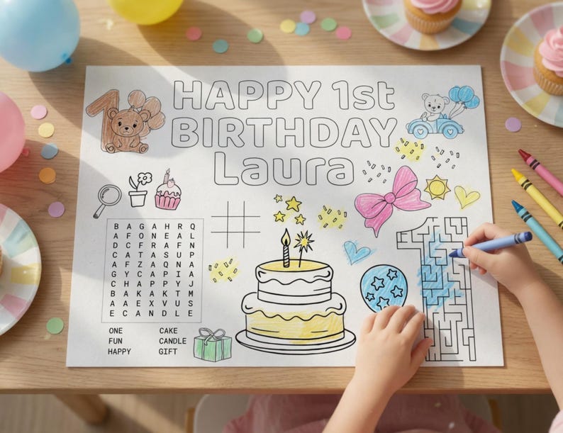 Puede incluir: Un mantel individual para colorear de cumplea&ntilde;os con el texto "HAPPY 1st BIRTHDAY Laura". El mantel individual presenta ilustraciones de una tarta, globos, un oso de peluche y un laberinto. Un ni&ntilde;o est&aacute; coloreando el n&uacute;mero uno con un cray&oacute;n azul.