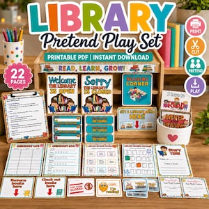 May include: A printable library pretend play set featuring 22 pages of colorful signs, checkout logs, reading trackers, and library cards. The collection includes instructional sheets, story time logs, and various labels with text like Library Is Open, Reading Corner, and Library Book Return.