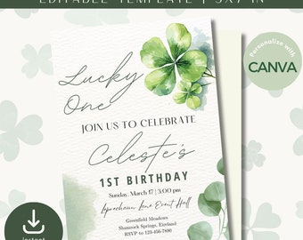 Editable St Patrick's Day Birthday Invitation, St. Patrick's Day Party Invite, Lucky One First Birthday Invite, Shamrock Birthday Invitation