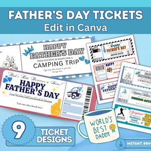 Editable Fathers Day Gift Tickets, Dad Coupon Book, Surprise DIY Gift for Dad, Canva Ticket Certificate Template, Fathers Day Ticket Voucher