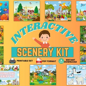 May include: A colorful interactive scenery kit with printable PDF format. The kit includes various scenes such as an underwater scene, a construction site, a castle, a farm, a jungle, a safari, a dinosaur scene, and a winter scene. The kit is perfect for children's learning and play.