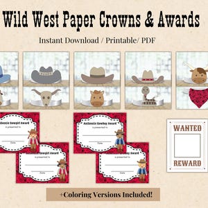 Wild West Paper Crown Bundle, Reward Certificates, Cowboy Sheriff Cowgirl Party Activity, Kids Craft Costume Birthday Favor, Wanted Poster