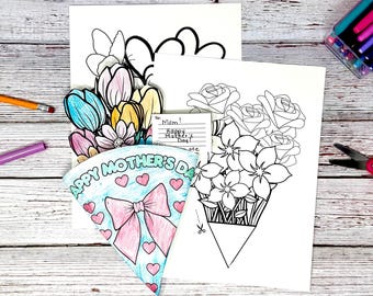 Mother's Day Flower Bouquet Crafts, Kids Printable Coloring (PDF)