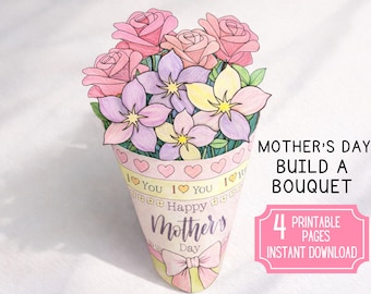Mother’s Day Flower Bouquet Craft Printable, Rose Coloring DIY Gift from Kids