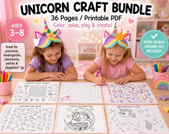 Unicorn Craft Activities Bundle, Coloring Pages, Crowns, Birthday Party Games (PDF)