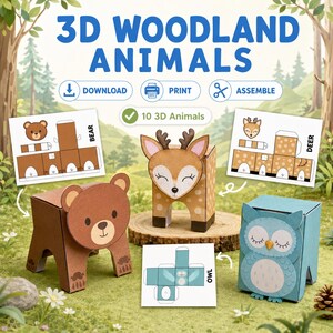 3d Woodland Animal Crafts, Woodland Animal Paper Craft Printable, Forest Birthday Party Kids Cut & Glue Activity, Build a Woodland Animal
