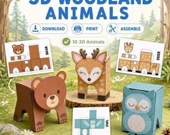 3d Woodland Animal Crafts, Woodland Animal Paper Craft Printable, Forest Birthday Party Kids Cut & Glue Activity, Build a Woodland Animal