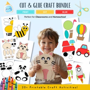 May include: A craft bundle with printable cut and glue activities. The image shows a child holding a cat cutout, surrounded by printed sheets with animal and vehicle designs. Text includes "Cut & Glue Craft Bundle" and "20+ Printable Craft Activities!"