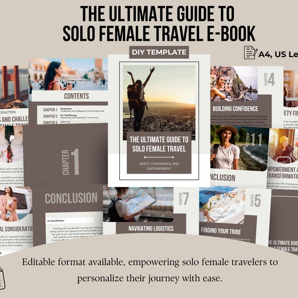 Solo Female Travel Customizable Ebook, Budgeting Travel Planning, Canva DIY template, Lead Magnet Travel Agency Female Travel Guide 46 Pages