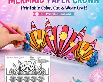 Corona da sirena da colorare e stampare, cappello fai da te per festa di compleanno a tema oceano, costume da sirena per bambini