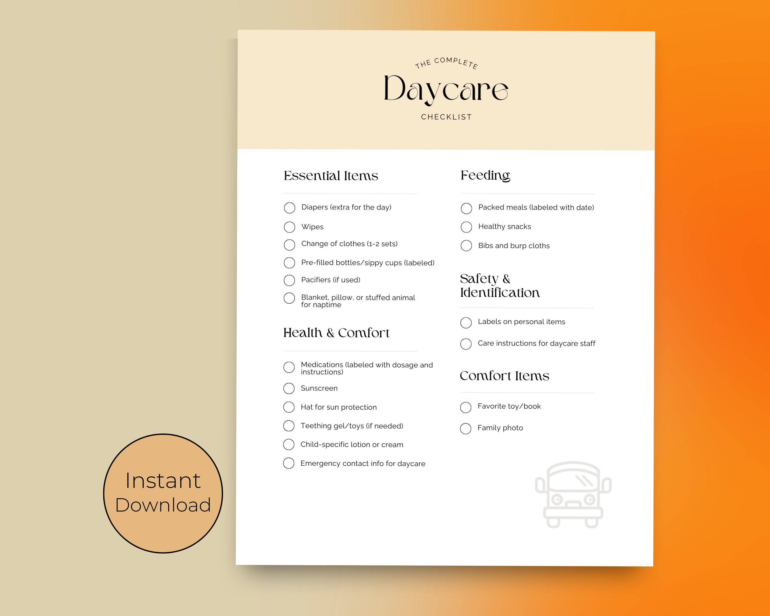 Daycare Editable Checklist, Printable Childcare Checklist, Daycare
