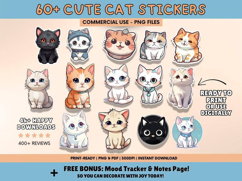 Cute Cat Digital Stickers Bundle - Kawaii Cat Printable Stickers, Kitty ...