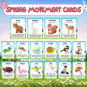 May include: A set of 12 colorful cards with illustrations of animals and instructions for movement activities. Each card features a different animal and a corresponding movement, such as "Walk like a bear" or "Wiggle like a worm".