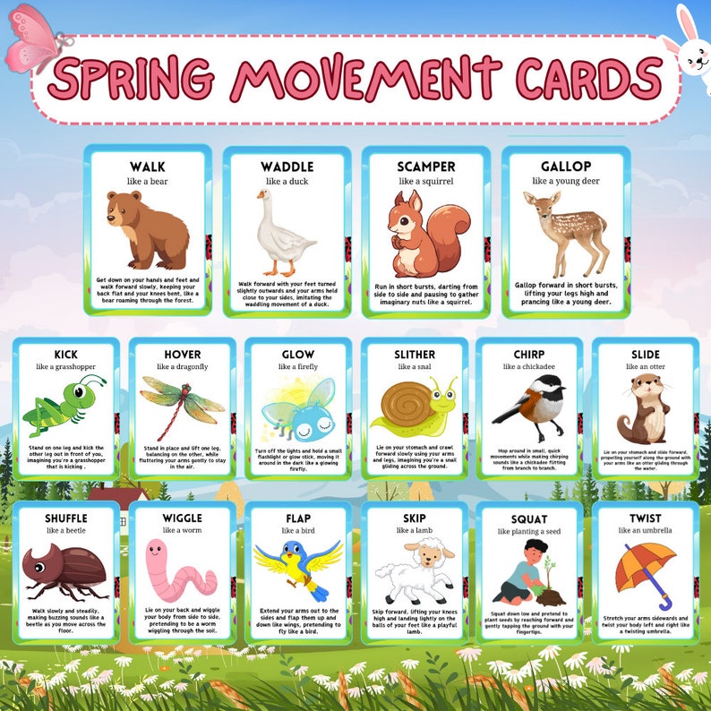 May include: A set of 12 colorful cards with illustrations of animals and instructions for movement activities. Each card features a different animal and a corresponding movement, such as "Walk like a bear" or "Wiggle like a worm".