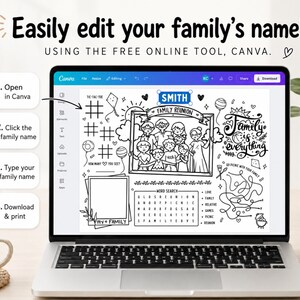 May include: A laptop screen displaying an editable black and white family reunion activity sheet with a tic-tac-toe game, a word search, a maze, and a central illustration of a family. The text reads Easily edit your family's name! USING THE FREE ONLINE TOOL, CANVA.
