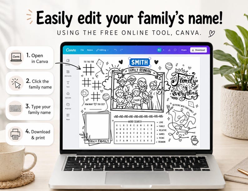 May include: A laptop screen displaying an editable black and white family reunion activity sheet with a tic-tac-toe game, a word search, a maze, and a central illustration of a family. The text reads Easily edit your family's name! USING THE FREE ONLINE TOOL, CANVA.