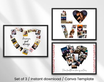 Paquete de plantillas de collage de fotos con forma de corazón, regalo personalizable en Canva (descarga digital)