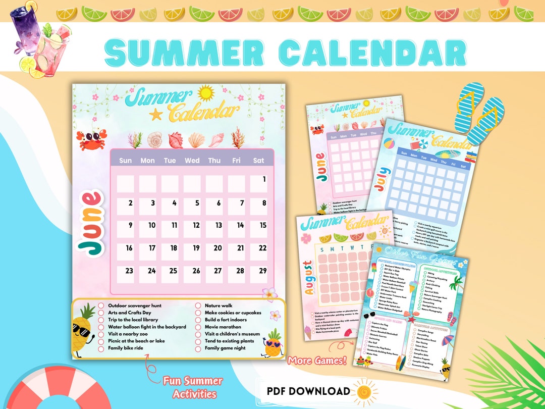 Printable Summer Calendar, Summer Checklist, Summer Activities for Kids ...
