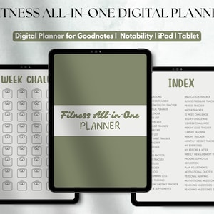 May include: A digital planner for fitness tracking, with a green cover and the text "Fitness All-in-One Planner". The planner includes a 52-week weight tracker, a list of trackers for various fitness goals, and an index of all the sections.