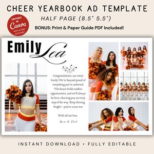 May include: A yearbook ad template with the text "CHEER YEARBOOK AD TEMPLATE" and "HALF PAGE (21.6cm x 14cm)". The ad features photos of cheerleaders, the name "Emily Lea", and the text "INSTANT DOWNLOAD • FULLY EDITABLE".