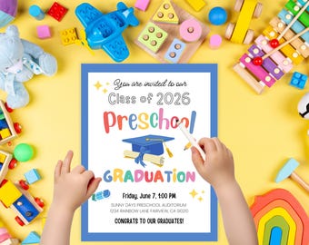 Preschool Graduation Invitation Editable Template, Pre-K Kindergarten Class Graduation Announcement,  Preschool Graduation, Ceremony Invite