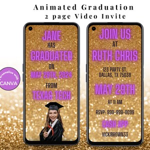 Animated Graduation Announcement Video Invitation, Graduation Video Invite, Electronic College Announcement, Editable Grad Party Phone Evite