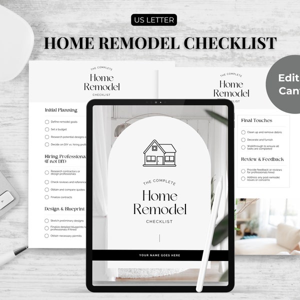 Home Remodel Editable Checklist, Home Remodel Budget, House Improvement, Edit in Canva, Printable Checklist, Home Project Planner Template