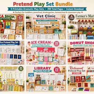 May include: A digital bundle of 9 printable dramatic pretend play sets totaling 399 pages. Includes themes for a pizza shop, vet clinic, farmer's market, doctor office, ice cream shop, donut shop, lemonade stand, library, and restaurant.
