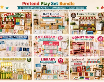 9 conjuntos imprimibles para juegos de simulación dramática, juegos de rol temáticos para niños, aprendizaje Montessori (descarga instantánea)