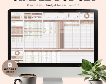 May include: A computer screen displaying a Google Sheet budget template with the title "April Budget". The template includes sections for income, expenses, and savings. The sheet is designed to help users plan and track their finances.
