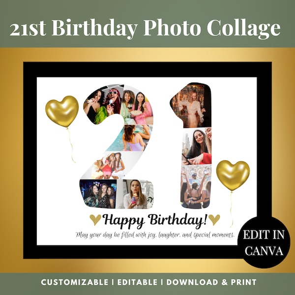 Custom 21st Birthday Photo Collage Template, Printable Birthday Card, Digital Birthday Gift Collage, 21st Gift For Her, Birthday Anniversary