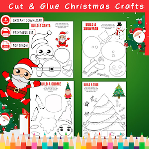 May include: A printable Christmas craft set featuring four activity sheets titled Build a Santa, Build a Snowman, Build a Gnome, and Build a Tree. Each page contains black and white outlines of character parts to colour, cut, and assemble.
