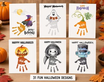 May include: Six white rectangular greeting cards featuring Halloween illustrations. Designs include a witch on a broom, a ghost with a BOO banner, a pumpkin vine, a jack-o'-lantern, a grim reaper, and Frankenstein's monster, all incorporating handprints.