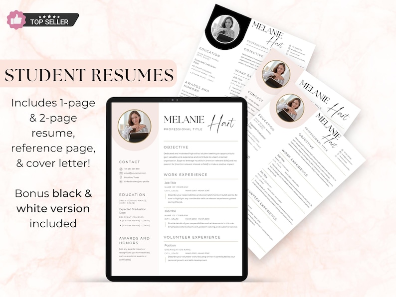 May include: A digital resume template set featuring a black tablet displaying a resume with a circular photo placeholder, contact, education, and work experience sections. Includes multiple printed resume pages with the name Melanie Hart.