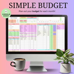 Puede incluir: Una pantalla de computadora que muestra una plantilla de presupuesto de Google Sheet con el título "SIMPLE BUDGET" y el texto "¡Planifica tu presupuesto para cada mes!" La plantilla está codificada por colores e incluye secciones para ingresos, gastos fijos, gastos variables y un registro de transacciones.