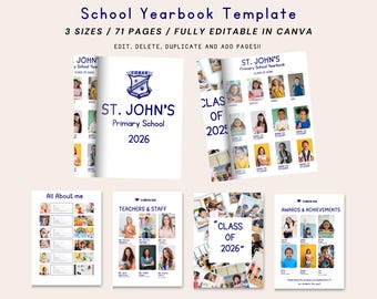Plantilla de anuario de la promoción 2026: Libro de recuerdos escolar editable (Canva, descarga digital)