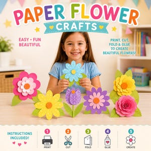 May include: A paper flower craft kit featuring the text PAPER FLOWER CRAFTS, EASY FUN BEAUTIFUL, and PRINT CUT FOLD GLUE TO CREATE BEAUTIFUL FLOWERS. The kit includes instructions and colorful paper flowers in pink, yellow, purple, and blue.