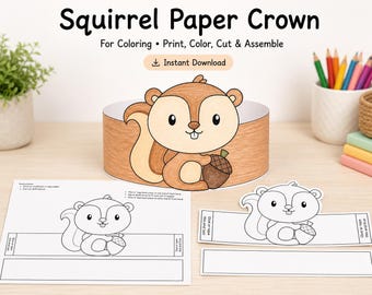 Squirrel Paper Crown Template, Fall Coloring Craft, Kids Thanksgiving Activity (Digital Download)