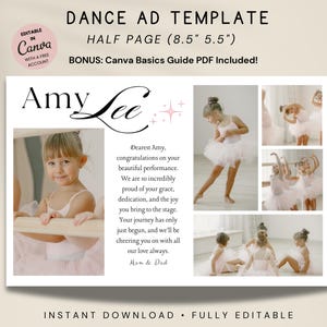 Plantilla de anuncio para recital de danza, homenaje a una bailarina en su anuario (media página, editable en Canva)