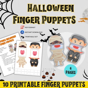 Marionette da dito di Halloween stampabili, attività di Halloween per bambini, bomboniere per feste di compleanno di Halloween, lavoretti di Halloween, marionette di carta fai da te, lavoretti di carta