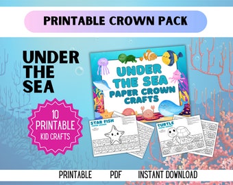 Under the Sea Paper Crown Crafts, Printable Kids Craft Colorable Paper Hats Costume Printable Favor DIY Ocean Animal Birthday Coloring Page