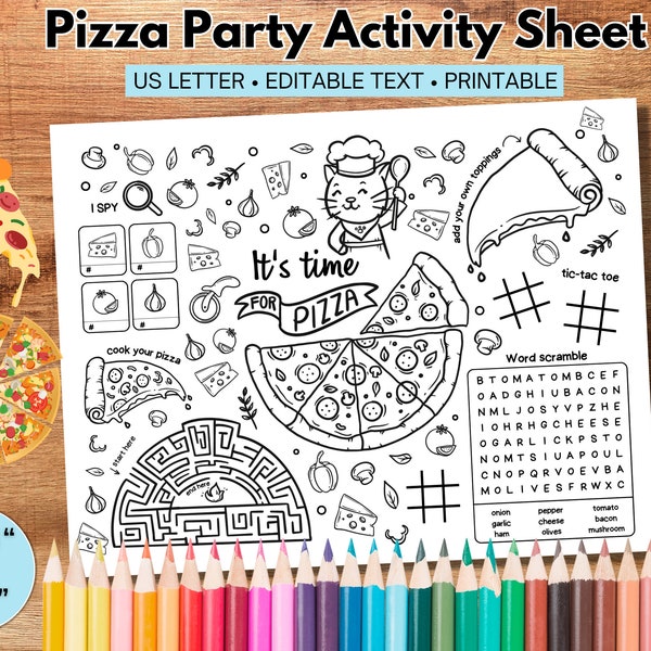 CUSTOM Pizza Birthday Party Activity Placemat, Coloring Placemat Craft Kids, Printable Kids Craft DIY Party Game Customizable Canva Download