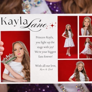 May include: A personalized card with the name "Kayla Lane" in elegant script. The card features multiple photos of a young girl wearing a crown and white dresses against a red backdrop. Text reads "Princess Kayla, you light up the stage with joy!"